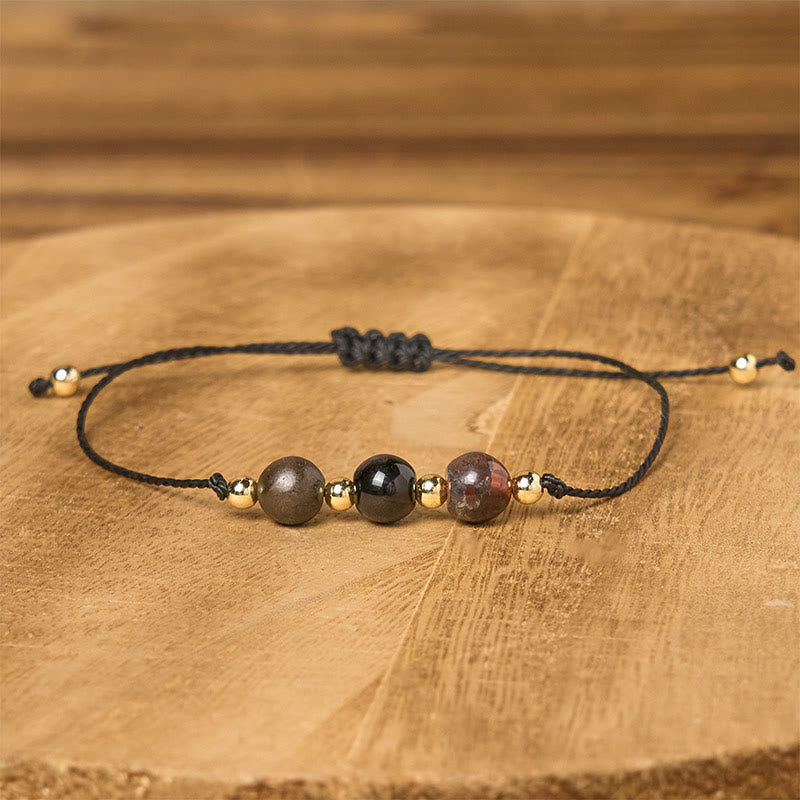 Buddha Stones Tiger Eye Black Tourmaline Pyrite Protection Card Rope Bracelet - image 12