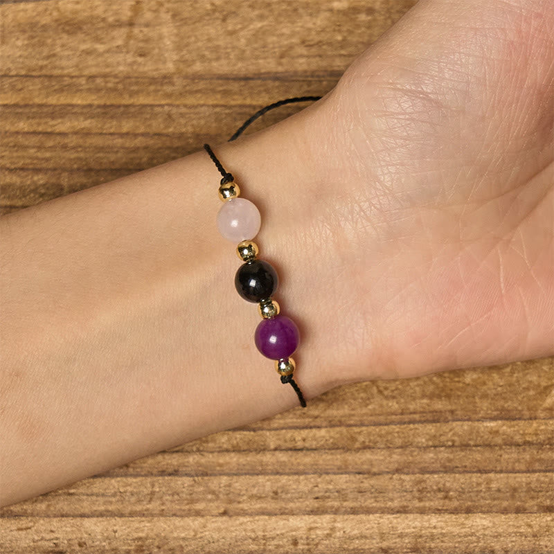 Buddha Stones Amethyst Black Tourmaline Rose Quartz Empath Card Rope Bracelet - image 14