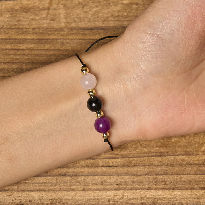 Buddha Stones Amethyst Black Tourmaline Rose Quartz Empath Card Rope Bracelet - image 14