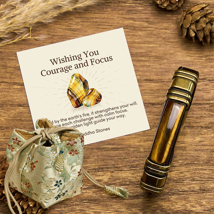 Buddha Stones "Wishing You Courage and Focus" Tiger Eye Leather Bracelet Includes Gift Message Card - Tiger Eye-Gold Black - 18-22cm - Deluxe Gift Bag (+$9.59) - image 4