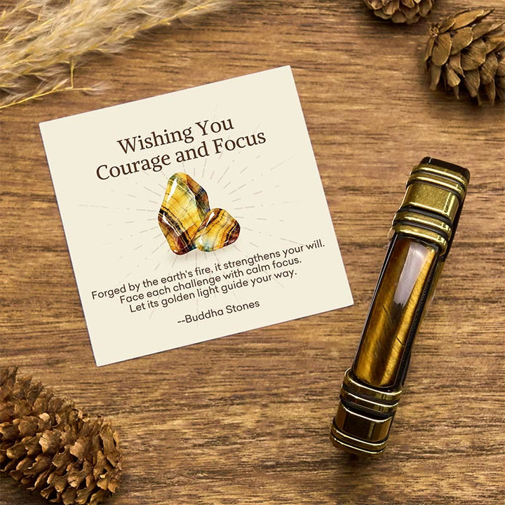 Buddha Stones "Wishing You Courage and Focus" Tiger Eye Leather Bracelet Includes Gift Message Card - Tiger Eye-Gold Black - 18-22cm - Standard Gift Box - image 0