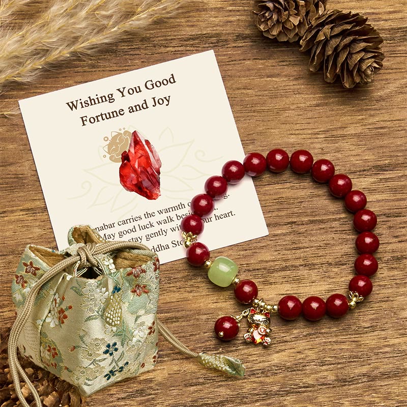 Buddha Stones "Wishing You Good Fortune and Joy" Cat Cinnabar Bracelet Includes Gift Message Card - Cinnabar(Wrist Circumference: 16-18cm) - Deluxe Gift Bag (+$9.59) - image 7