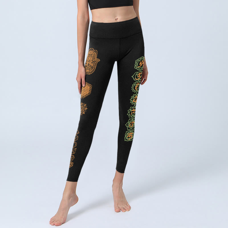 Buddha Stones Hamsa Flower Of Life Platonic Solids Chakra Pattern Gym Leggings Women's Yoga Pants - image 5