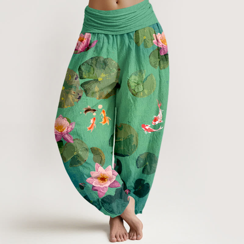 Buddha Stones Print Koi Fish Lotus Flowers Pattern Women's Elastic Waist Harem Pure Cotton Pants - SpringGreen - US16，UK/AU20，EU48 (3XL) - image 5