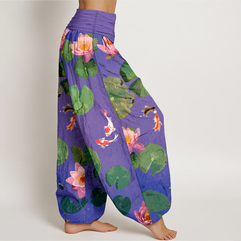 Buddha Stones Print Koi Fish Lotus Flowers Pattern Women's Elastic Waist Harem Pure Cotton Pants - image 9