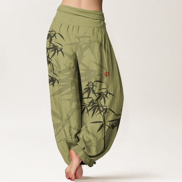 Buddha Stones Print Pure Cotton Bamboo Leaves Pattern Women's Elastic Waist Harem Pants - image 2