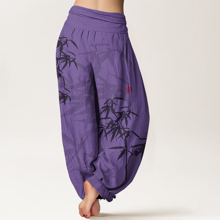 Buddha Stones Print Pure Cotton Bamboo Leaves Pattern Women's Elastic Waist Harem Pants - image 10