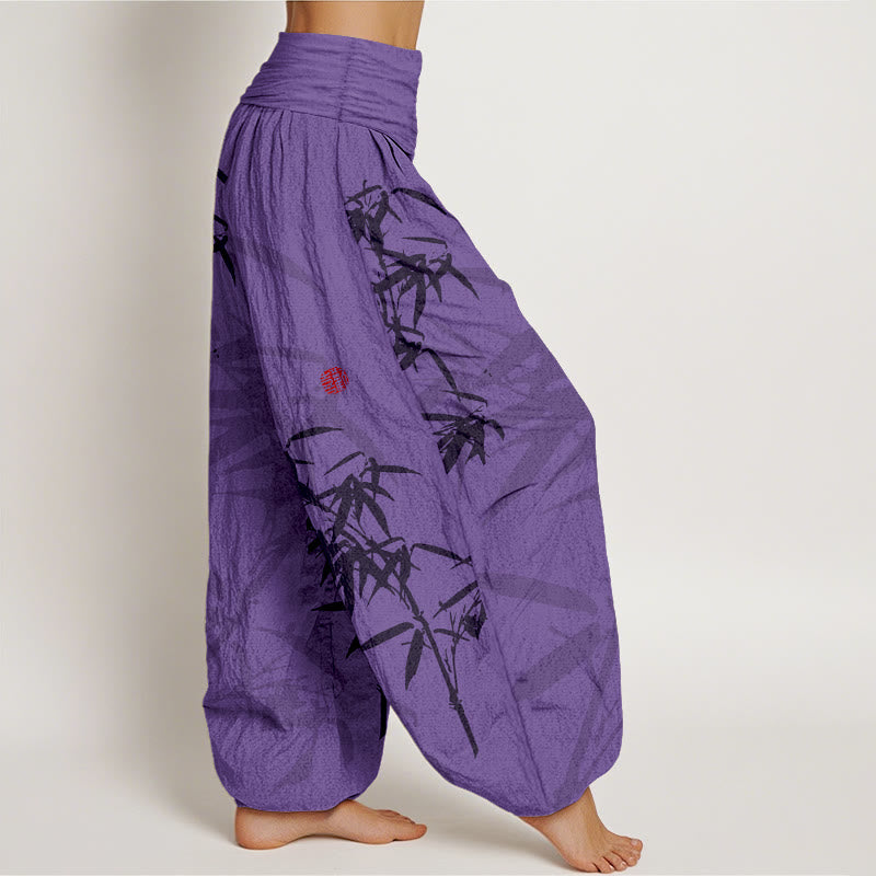Buddha Stones Print Pure Cotton Bamboo Leaves Pattern Women's Elastic Waist Harem Pants - image 9