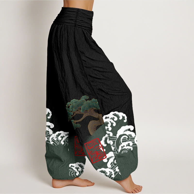 Buddha Stones Print Pure Cotton Pine Tree Rolling Waves Pattern Women's Elastic Waist Harem Pants - image 1