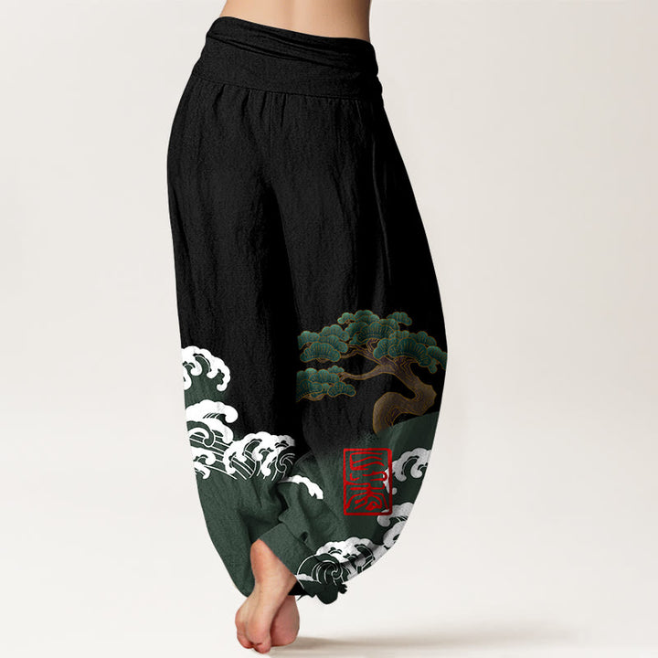 Buddha Stones Print Pure Cotton Pine Tree Rolling Waves Pattern Women's Elastic Waist Harem Pants - image 2