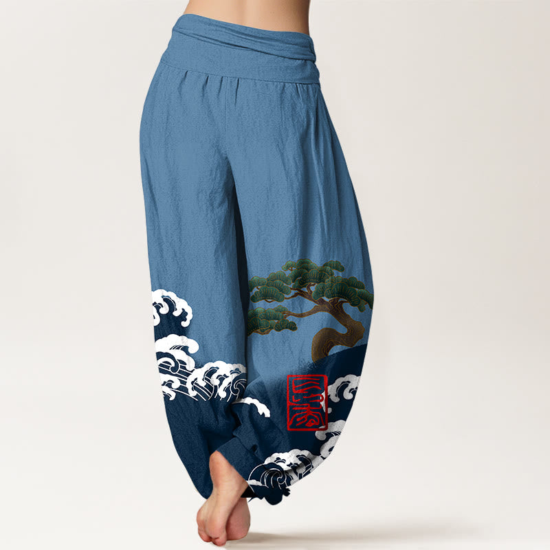 Buddha Stones Print Pure Cotton Pine Tree Rolling Waves Pattern Women's Elastic Waist Harem Pants - image 7