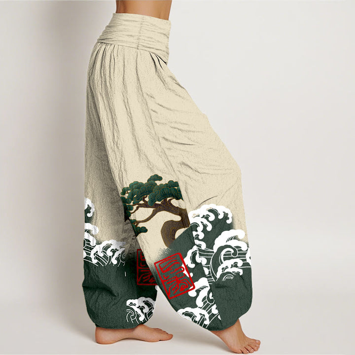 Buddha Stones Print Pure Cotton Pine Tree Rolling Waves Pattern Women's Elastic Waist Harem Pants - image 9