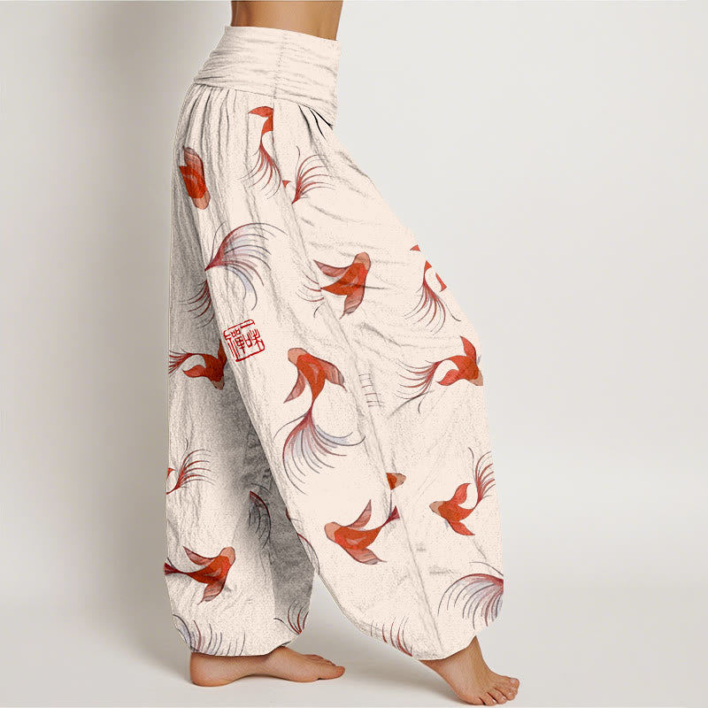 Buddha Stones Print Pure Cotton Koi Fish Pattern Women's Elastic Waist Harem Pants - image 1
