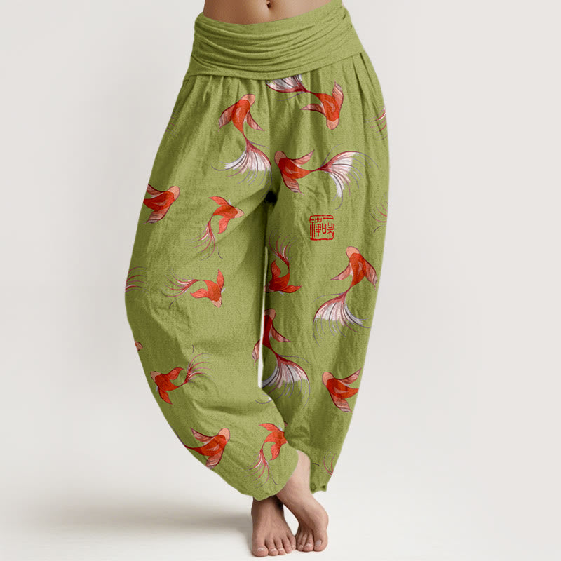 Buddha Stones Print Pure Cotton Koi Fish Pattern Women's Elastic Waist Harem Pants - YellowGreen - US16，UK/AU20，EU48 (3XL) - image 5