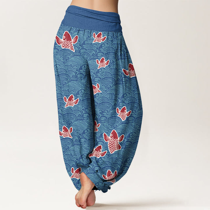 Buddha Stones Print Koi Fishes Waves Pattern Women's Elastic Waist Harem Pure Cotton Pants - image 7