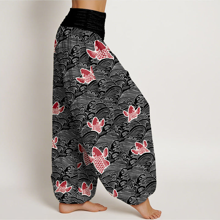Buddha Stones Print Koi Fishes Waves Pattern Women's Elastic Waist Harem Pure Cotton Pants - image 9