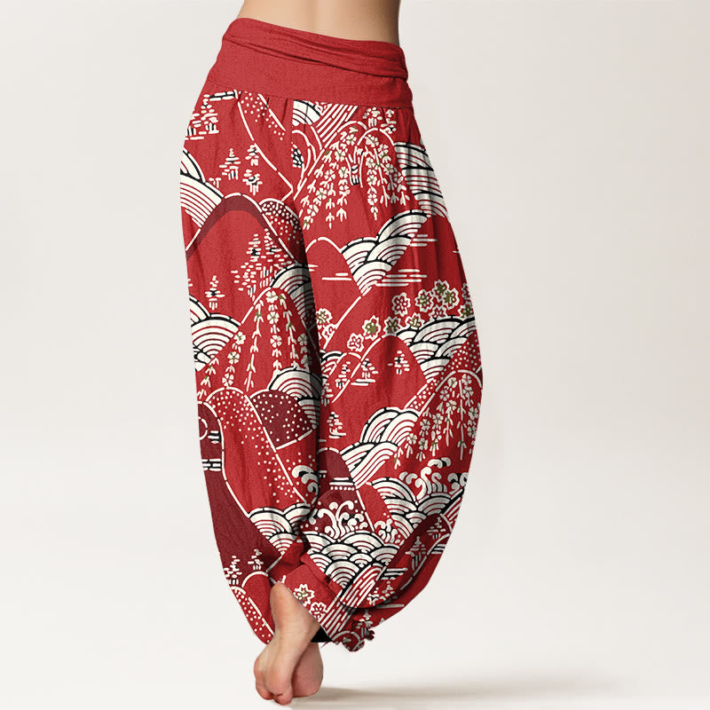 Buddha Stones Printed Mountains Waves Floral Pattern Women's Elastic Waist Harem Pure Cotton Pants - image 10