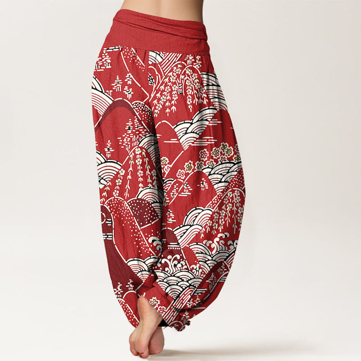 Buddha Stones Printed Mountains Waves Floral Pattern Women's Elastic Waist Harem Pure Cotton Pants - image 10