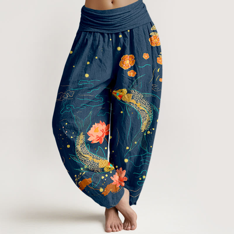 Buddha Stones Koi Fish Lotus Pattern Women's Elastic Waist Harem Pure Cotton Printed Pants - DarkBlue - US16，UK/AU20，EU48 (3XL) - image 5