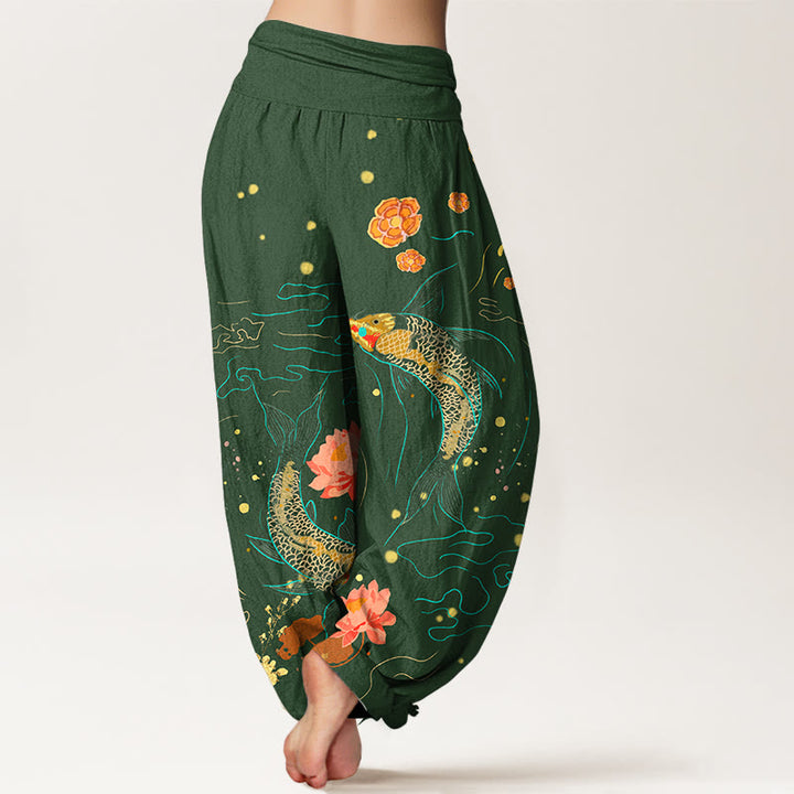 Buddha Stones Koi Fish Lotus Pattern Women's Elastic Waist Harem Pure Cotton Printed Pants - image 10