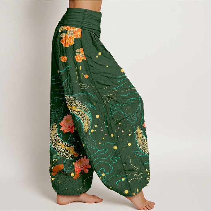 Buddha Stones Koi Fish Lotus Pattern Women's Elastic Waist Harem Pure Cotton Printed Pants - image 9