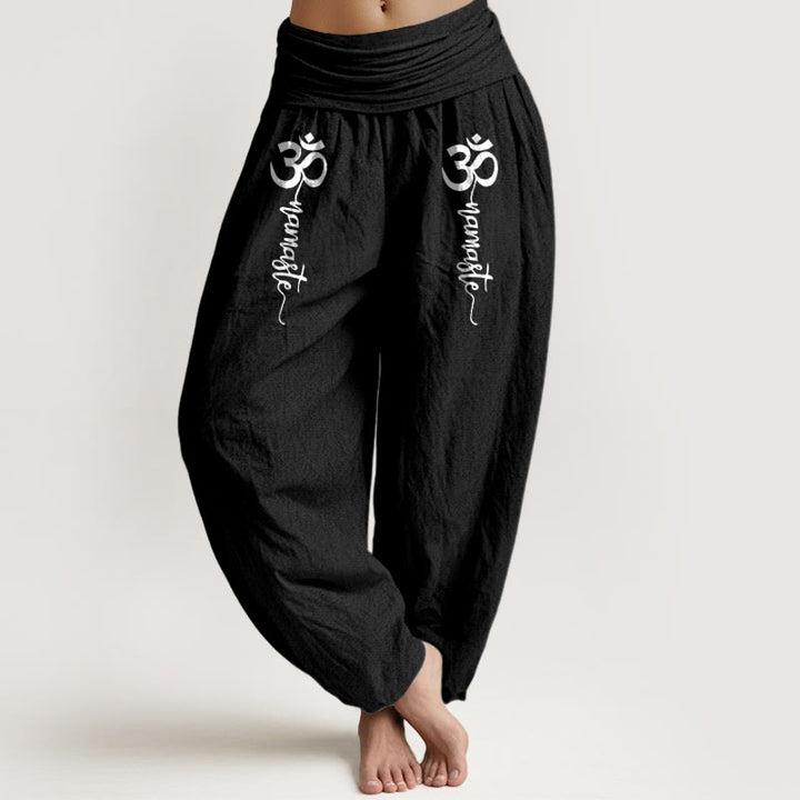 Buddha Stones Namaste Om Pattern Women's Pure Cotton Elastic Waist Harem Pants - Black - US16，UK/AU20，EU48 (3XL) - image 5