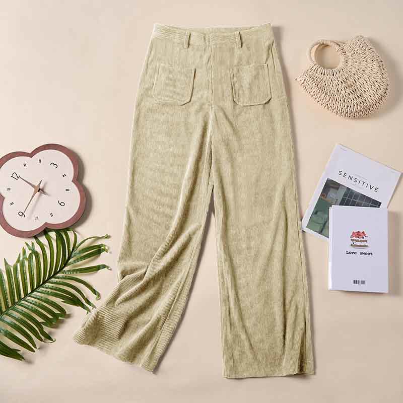 Buddha Stones Plain Corduroy Polyester Women's Buttons Wide Leg Pants With Pockets - image 13