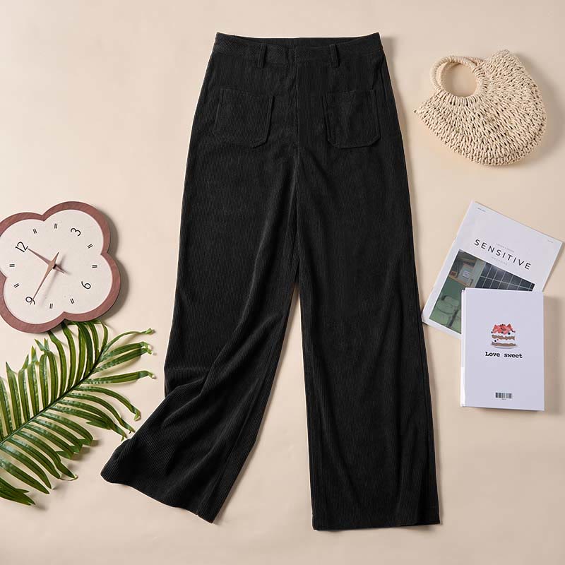 Buddha Stones Plain Corduroy Polyester Women's Buttons Wide Leg Pants With Pockets - image 22