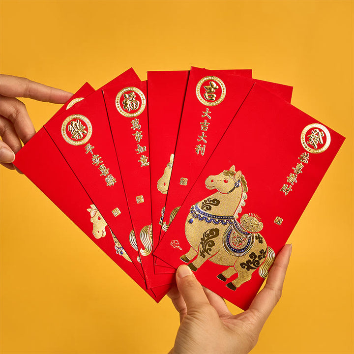 Buddha Stones 6Pcs Chinese Red Envelope Year of the Horse Good Fortune Comes Together 2026 New Year - image 1