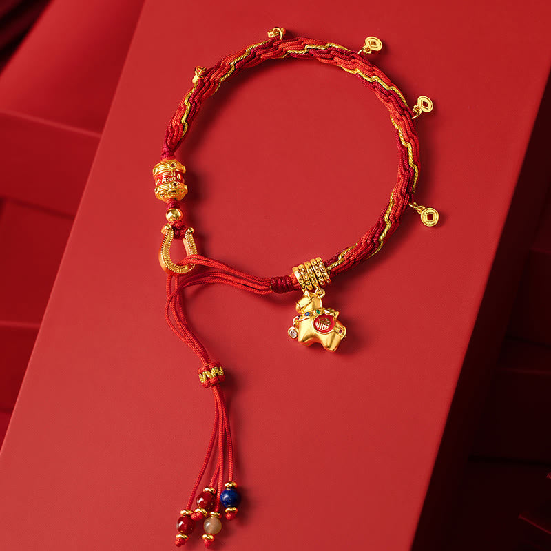 Buddha Stones Copper Plated 18k Gold Year Of The Horse Fu Character Red String Luck Braided Bracelet - Horse & Red Rope(Wrist Circumference 15-22cm) - image 0