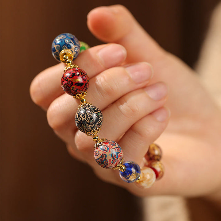 Buddha Stones Colorful Liuli Glass Sandalwood Gourd Bead Lacquer Craft Bracelet - image 4