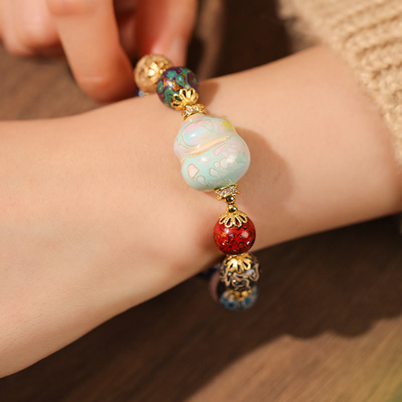 Buddha Stones Colorful Liuli Glass Sandalwood Gourd Bead Lacquer Craft Bracelet - image 12