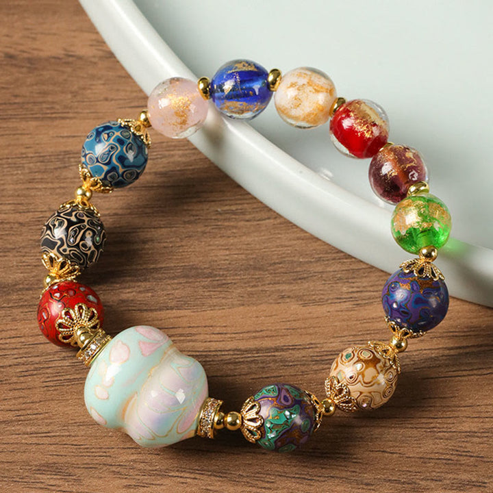Buddha Stones Colorful Liuli Glass Sandalwood Gourd Bead Lacquer Craft Bracelet - image 10