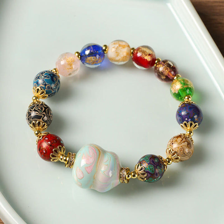 Buddha Stones Colorful Liuli Glass Sandalwood Gourd Bead Lacquer Craft Bracelet - image 9