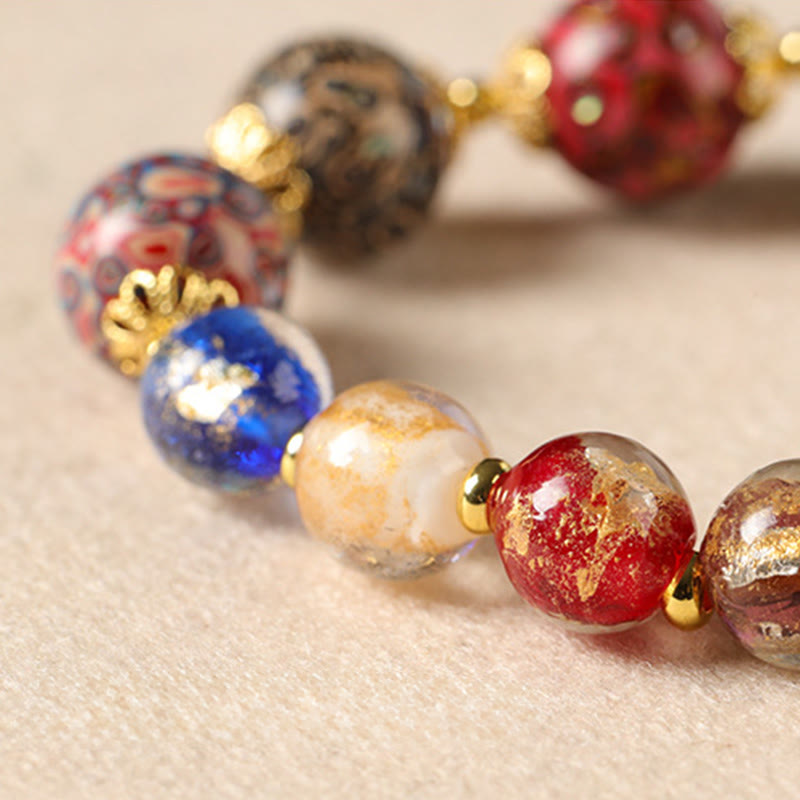 Buddha Stones Colorful Liuli Glass Sandalwood Gourd Bead Lacquer Craft Bracelet - image 3