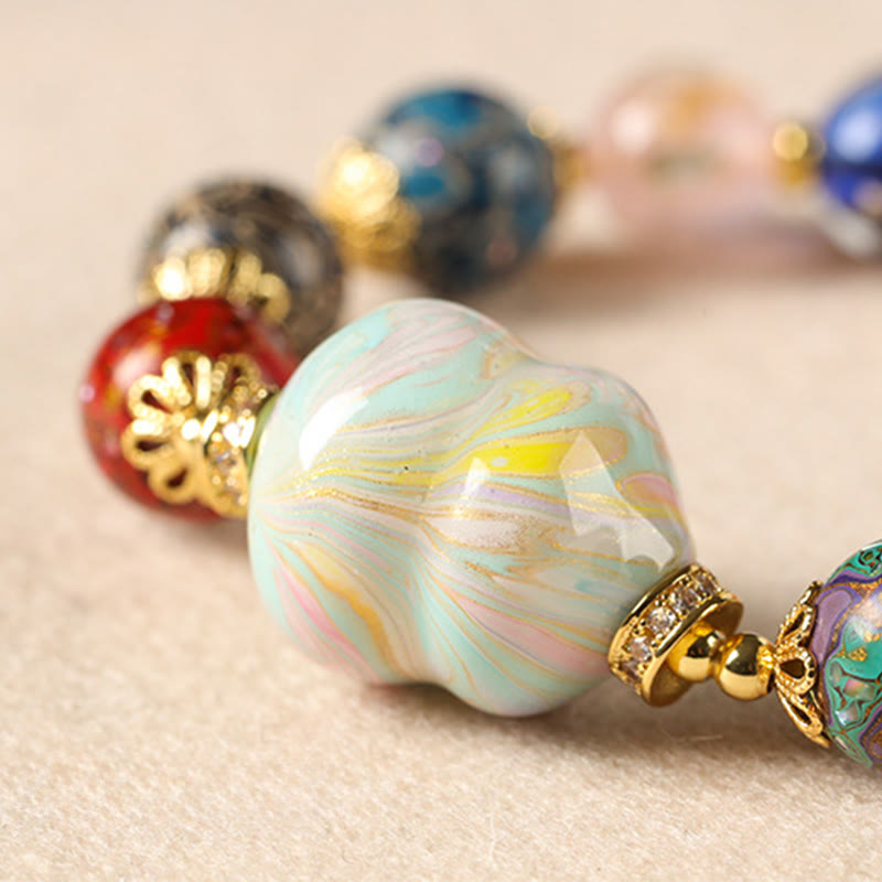 Buddha Stones Colorful Liuli Glass Sandalwood Gourd Bead Lacquer Craft Bracelet - image 13