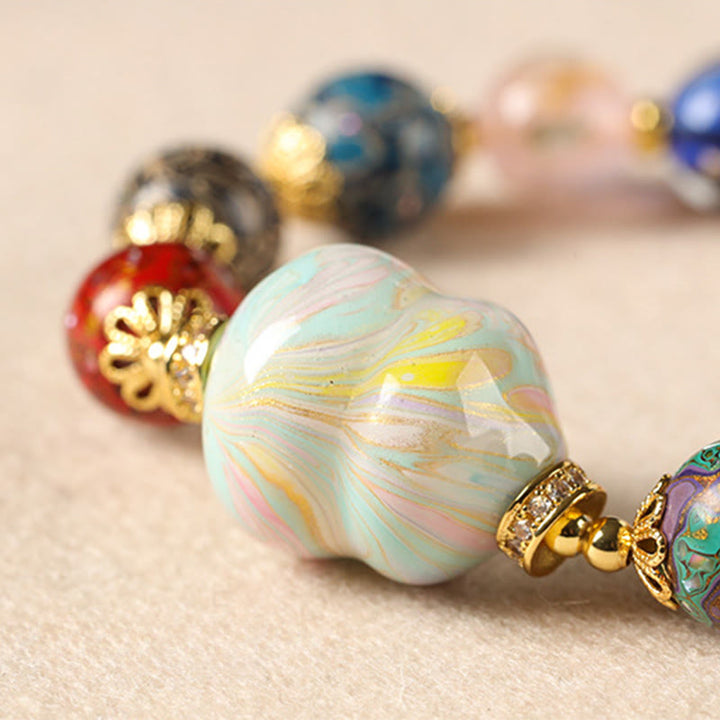 Buddha Stones Colorful Liuli Glass Sandalwood Gourd Bead Lacquer Craft Bracelet - image 13