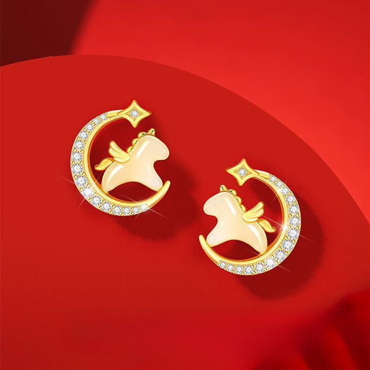 Buddha Stones Year Of The Horse Hetian Jade 925 Sterling Silver Moon Zircon Abundance Earrings - Jade & 925 Sterling Silver & Zircon(925 Sterling Silver Posts) - image 0