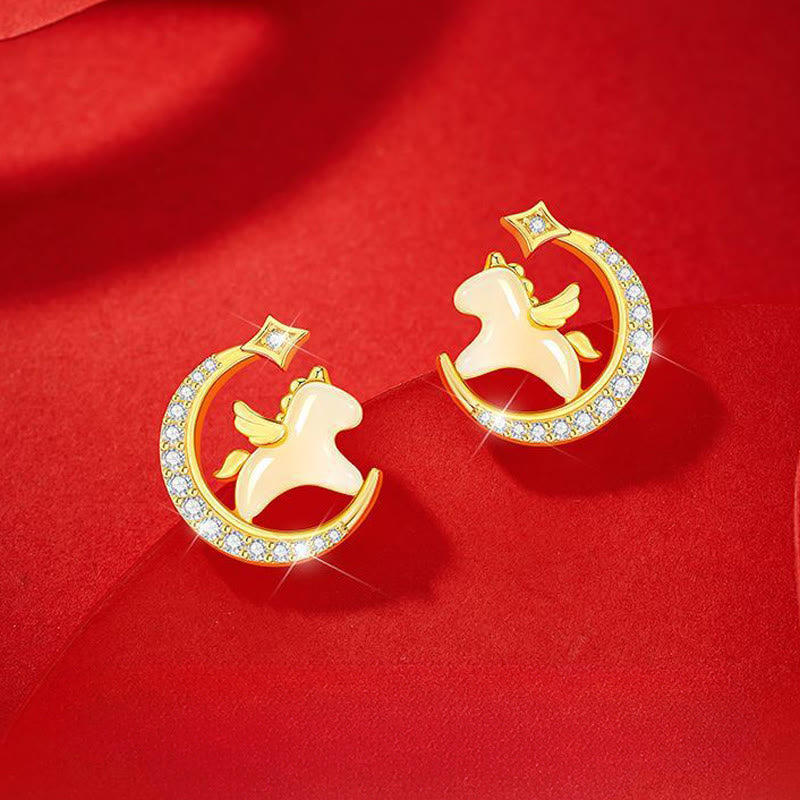 Buddha Stones Year Of The Horse Hetian Jade 925 Sterling Silver Moon Zircon Abundance Earrings - image 1