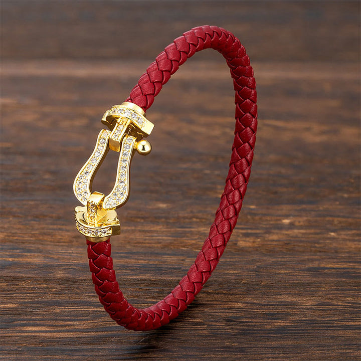 Buddha Stones Copper Balance horseshoe-Shaped Zircon Leather Buckle Bracelet - Golden Buckle & Red Leather - 23cm - image 0
