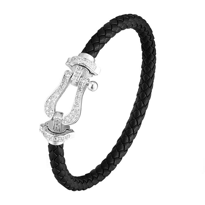 Buddha Stones Copper Balance horseshoe-Shaped Zircon Leather Buckle Bracelet - White Buckle & Black Leather - 23cm - image 8