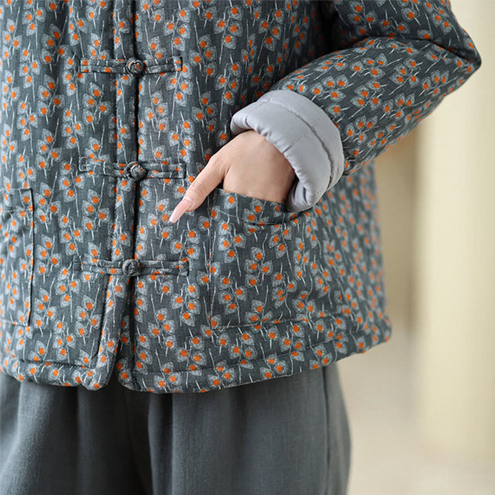 Buddha Stones Winter Frog-button Floral Long Sleeve Women's Thickened Cotton Jacket With Pockets - image 8