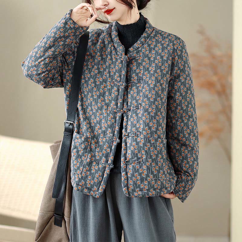 Buddha Stones Winter Frog-button Floral Long Sleeve Women's Thickened Cotton Jacket With Pockets - image 5