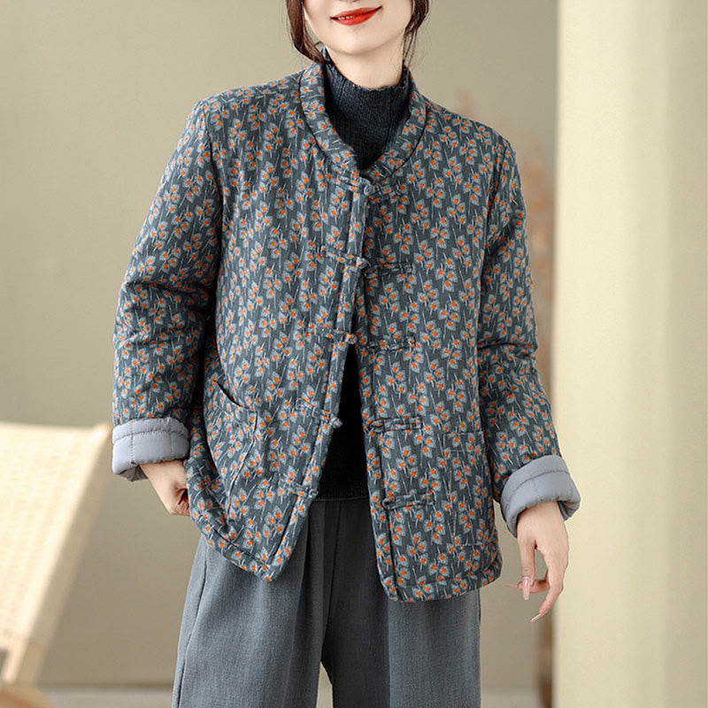 Buddha Stones Winter Frog-button Floral Long Sleeve Women's Thickened Cotton Jacket With Pockets - image 3