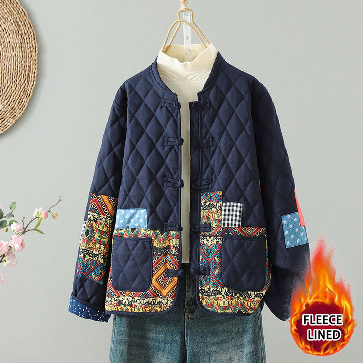 Buddha Stones Ethnic Frog-button Patchwork Women's Thickened Cotton Long Sleeve Jacket With Pockets - Yellow Floral - US8-10，UK/AU12-14，EU40-42 (2XL) - image 5