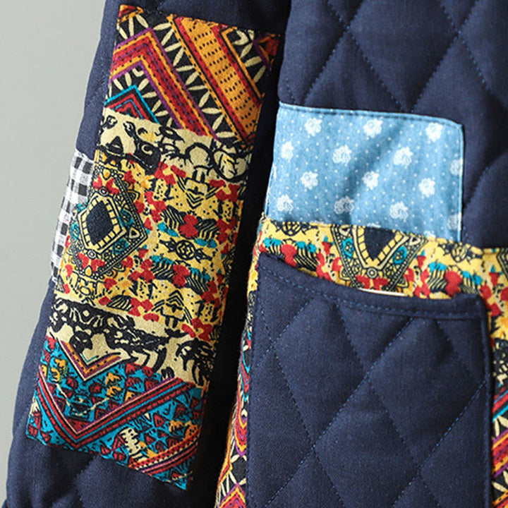 Buddha Stones Ethnic Frog-button Patchwork Women's Thickened Cotton Long Sleeve Jacket With Pockets - image 10