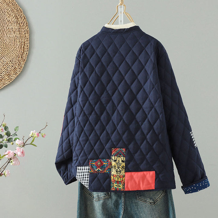 Buddha Stones Ethnic Frog-button Patchwork Women's Thickened Cotton Long Sleeve Jacket With Pockets - image 6
