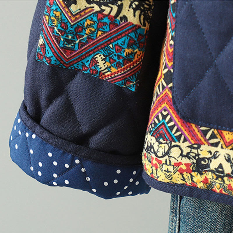 Buddha Stones Ethnic Frog-button Patchwork Women's Thickened Cotton Long Sleeve Jacket With Pockets - image 12