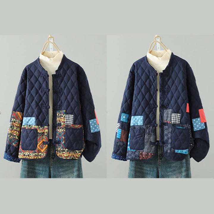 Buddha Stones Ethnic Frog-button Patchwork Women's Thickened Cotton Long Sleeve Jacket With Pockets - image 17