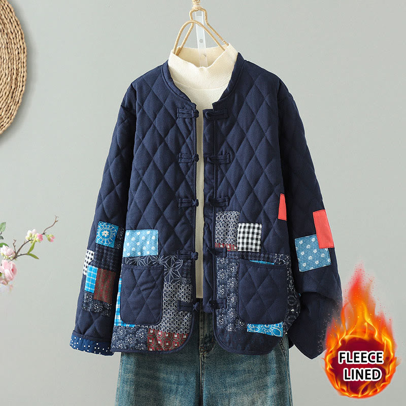 Buddha Stones Ethnic Frog-button Patchwork Women's Thickened Cotton Long Sleeve Jacket With Pockets - Blue Floral - US8-10，UK/AU12-14，EU40-42 (2XL) - image 0